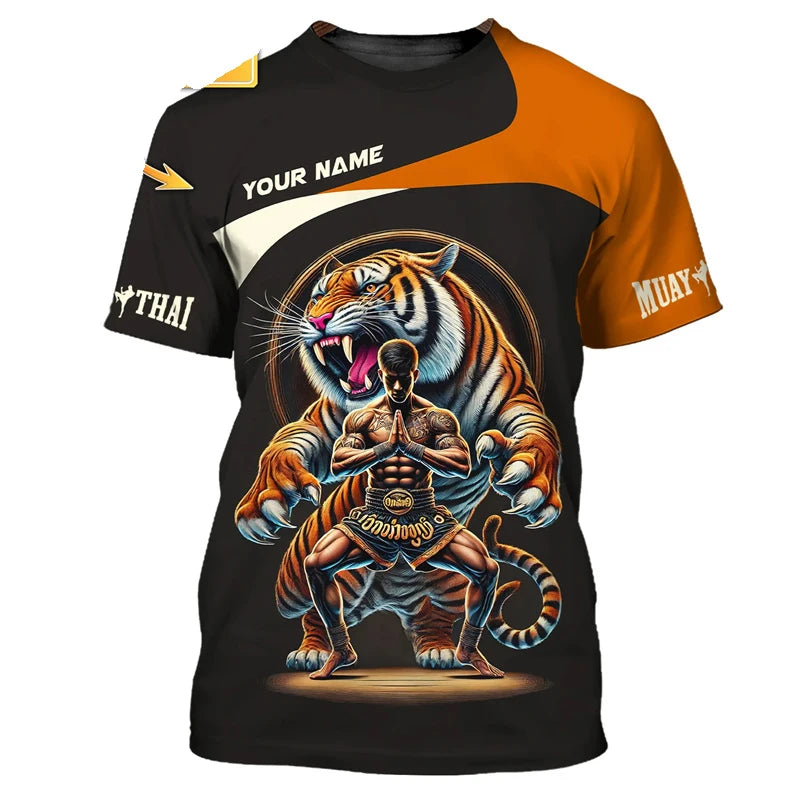 Kietas naujas „Muay Thai“ grafinis marškinėlis vyrams su 3D spausdintu tigro ir drakono piešiniu, individualizuotu vardu, vasaros sporto salės ir fitneso marškinėlis