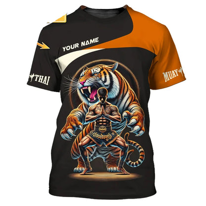 Cool nieuw Muay Thai grafisch T-shirt voor heren, 3D-print met tijger- en drakendesign, persoonlijk T-shirt met aangepaste naam, zomer-, gym- en fitness-T-shirt