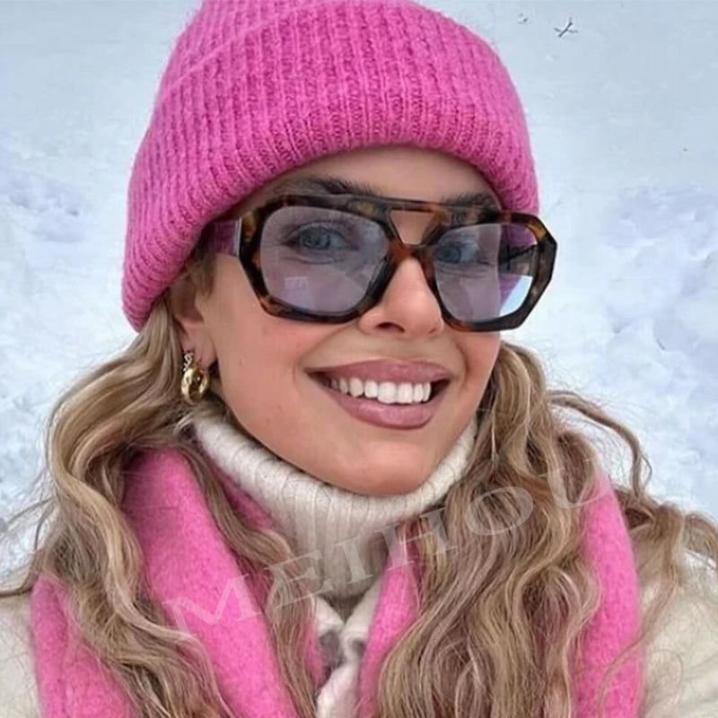 Fashion Pilot Oversized Sunglasses For Women New Double Bridges Sun Glasses Female Retro Square Leopard Purple Eyewear Trendy