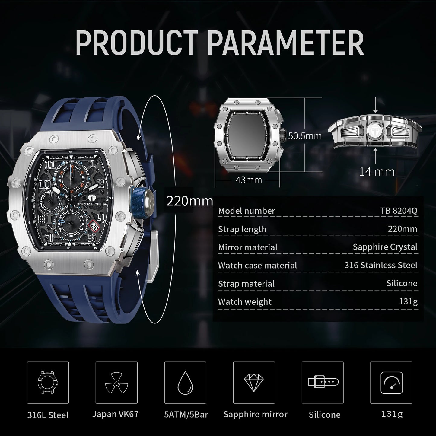 Reloj TSAR BOMBA New TB8204 para hombre, cronógrafo de cuarzo japonés, resistente al agua 50M, reloj de pulsera deportivo de moda, reloj masculino de lujo, regalo para hombre