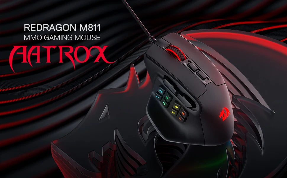 Redragon M811 Aatrox MMO-Gaming-Maus, kabelgebundene RGB-Gamer-Maus mit 15 programmierbaren Tasten und ergonomischer, natürlicher Griffform