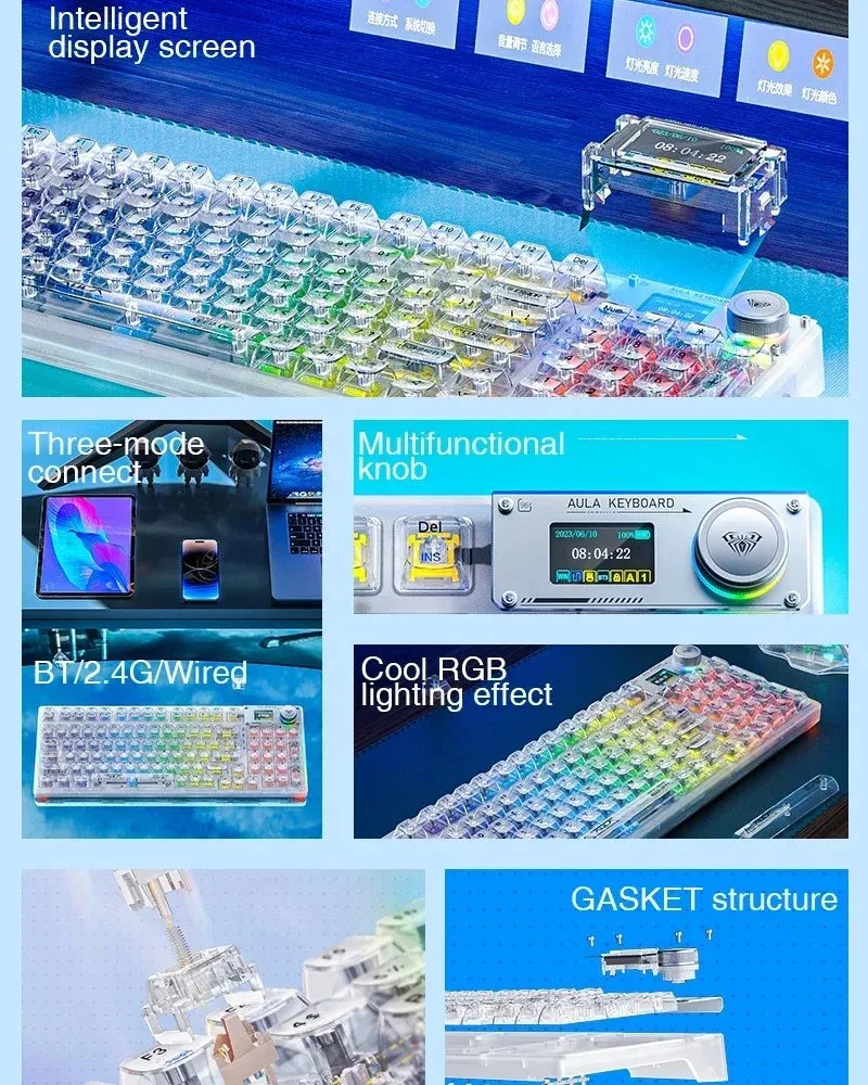 AULA F98PRO Wireless Mechanical Keyboard Transparent Keycaps RGB Backlit Custom 2.4G Hot Swappable Gaming Keyboard With Screen
