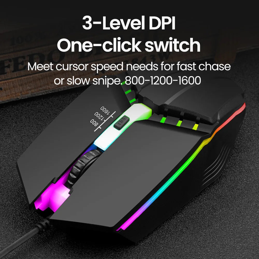 Ratón gaming USB con cable RGB retroiluminado, botón de silencio, LED luminoso y 1600DPI para PC de escritorio, portátil, ordenador, hogar y oficina