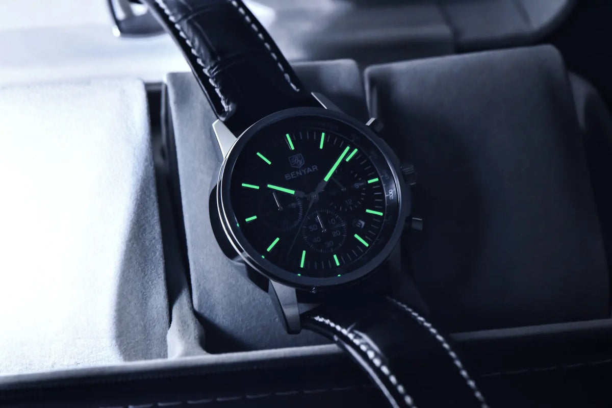 Luxusní pánské hodinky Benyar – chronograf s datem, kožený řemínek, vodotěsné, luminiscenční, sportovní a vojenský styl, quartzové hodinky