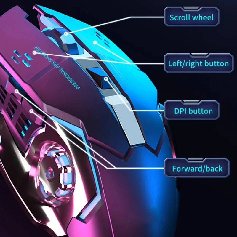 Rato Gaming Mecha Sem Fios Bluetooth 2.4G USB Recarregável Silencioso com Retroiluminação — Rato Ergonómico para Escritório e Acessórios de Jogo