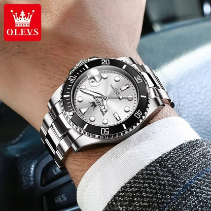 Montre pour homme OLEVS 5885 – Modèle authentique, bracelet en acier, calendrier, mouvement à quartz, livrée dans un coffret cadeau de luxe