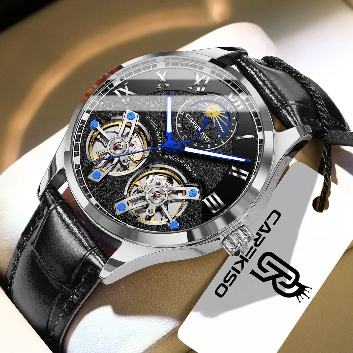 CAREKISO Fashion Men's Clock Double Hollow Tourbillon Automatic Mechanical Man Watch Waterproof Luminous Leather Men's Watches+Box