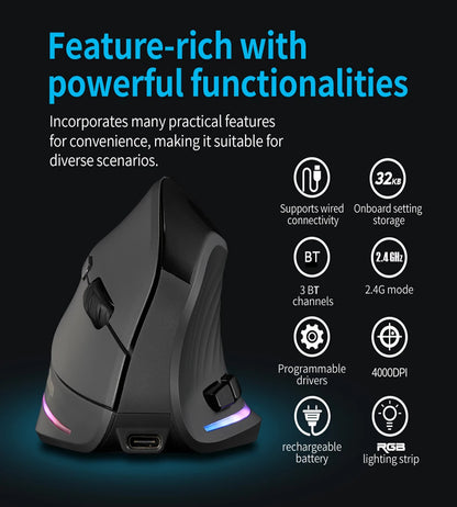 Wiederaufladbare kabellose vertikale Maus mit Display – ergonomische Maus mit 6 programmierbaren Tasten für Gaming und Desktop