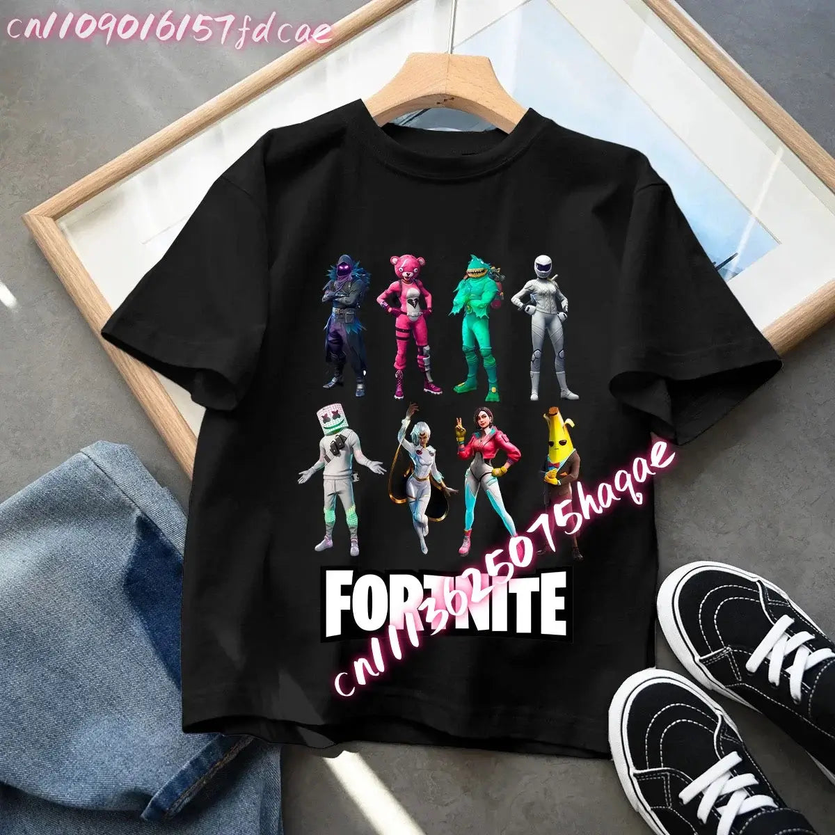 T-shirt preta em algodão para criança Fortnites Fortress Night, manga curta, estilo cartoon, para menino e menina, roupa de verão kawaii, top para oferta