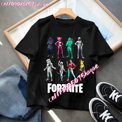 T-shirt preta em algodão para criança Fortnites Fortress Night, manga curta, estilo cartoon, para menino e menina, roupa de verão kawaii, top para oferta
