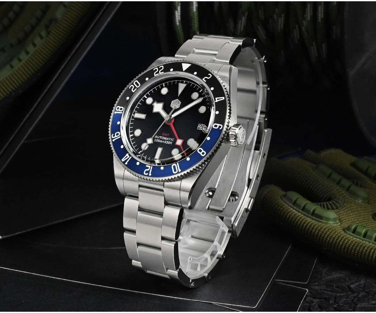 San Martin 39mm NH34 GMT Men's Luxury Watch Bidirectional Aluminum Bezel Automatic Mechanical Sapphire 100M Waterproof SN0109