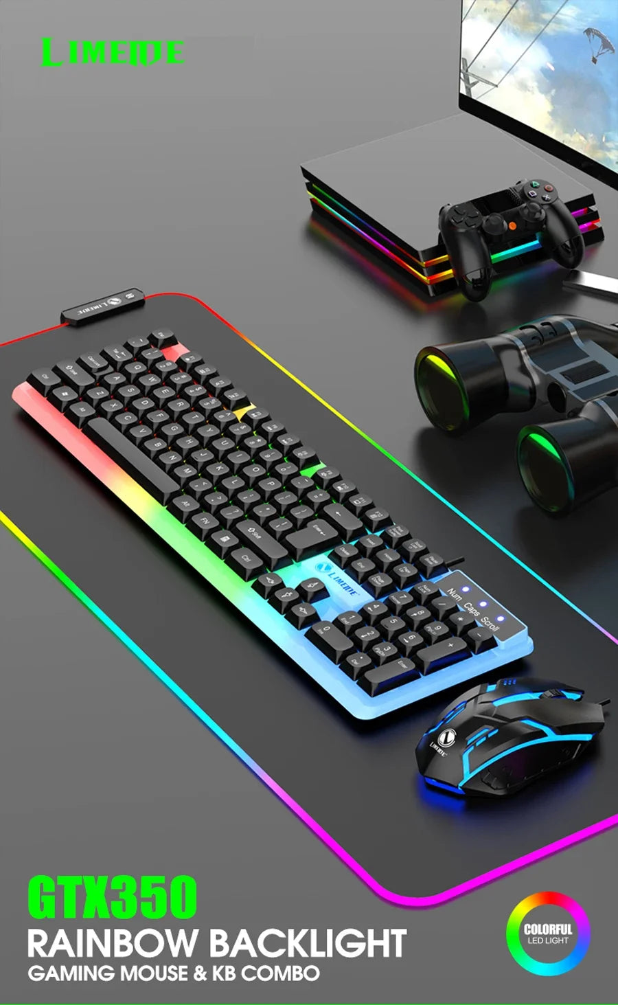 NG GTX350 Set gaming tastiera e mouse per computer e laptop, kit gamer con retroilluminazione LED, tastiera USB cablata GTX350 - Nero