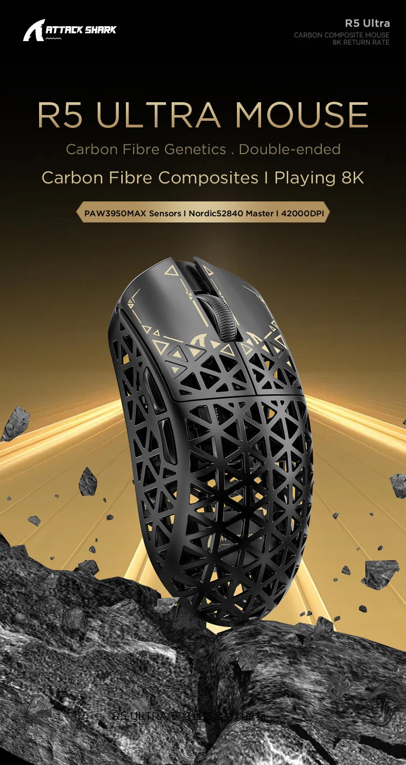ATTACK SHARK R5 ULTRA Kabellose Gaming-Maus – 8K Polling, PAW3950MAX-Sensor, 42,000 DPI, ultraleicht aus Carbonfaser für Pro-Esport