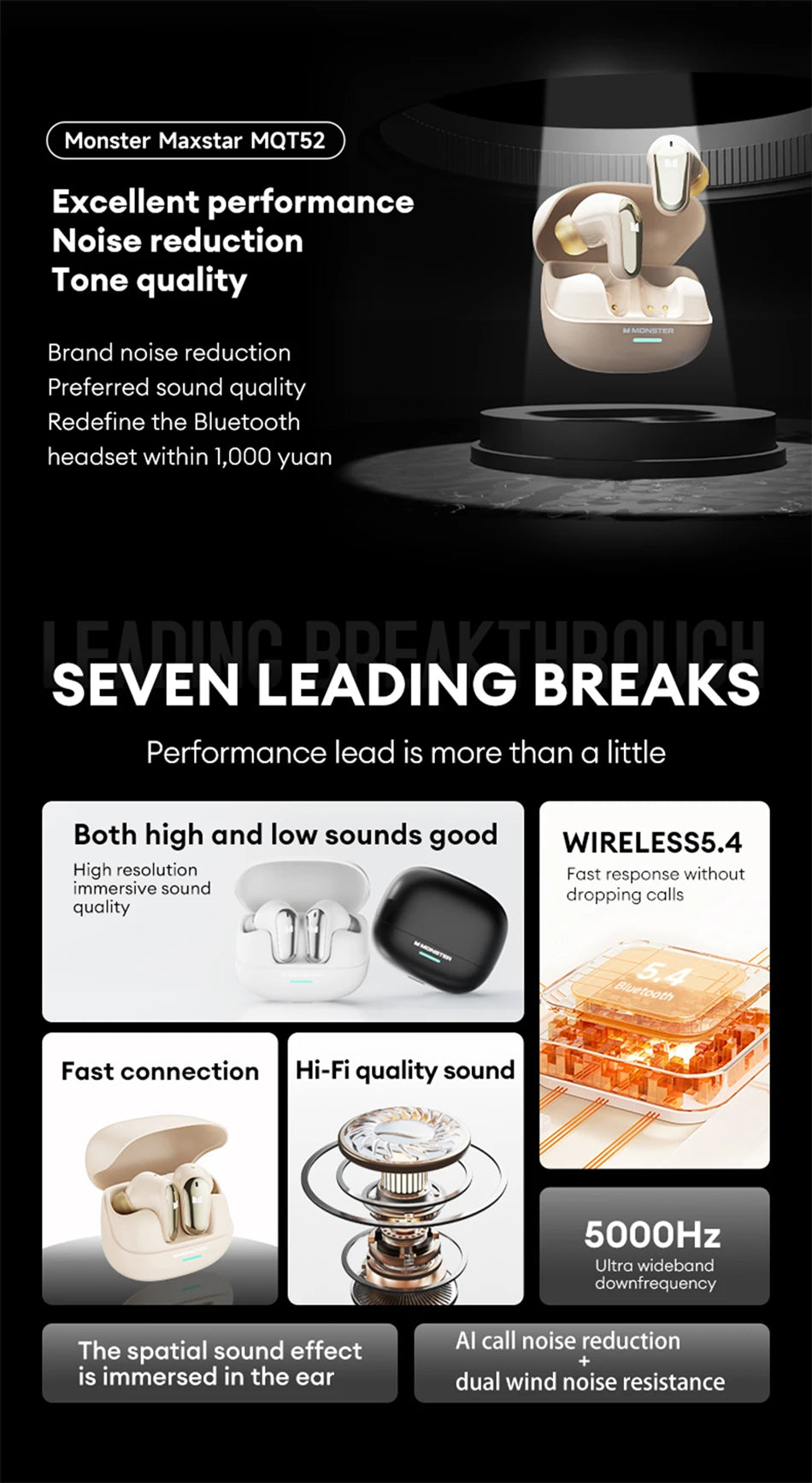 Monster MQT52 kabellose Bluetooth 5.4-Ohrhörer mit langer Akkulaufzeit, Gaming-Kopfhörer im Dual-Modus, Hi-Fi-Stereoklang-Headset mit Mikrofon