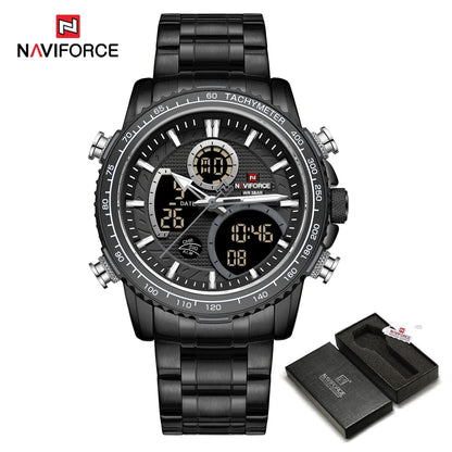 Мъжки спортен часовник NAVIFORCE – Оригинален луксозен ръчен часовник от неръждаема стомана, водоустойчив модел във военен стил с двойно показване