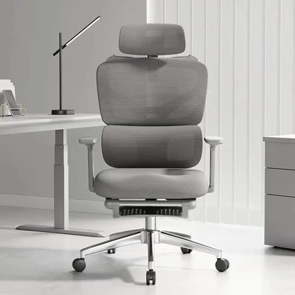 Cadeira de Escritório Ergonómica Ajustável em Malha, Cadeira de Secretária para Computador com Encosto Alto Respirável, Apoio Lombar 6D e Apoio para Pés Retrátil