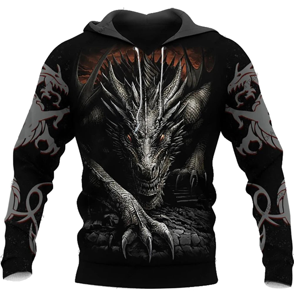 Sweatshirt com capuz para homem, unissexo, de manga comprida, outono/inverno, com estampado 3D de dragão e estilo tatuagem, pullover streetwear casual tipo fato de treino