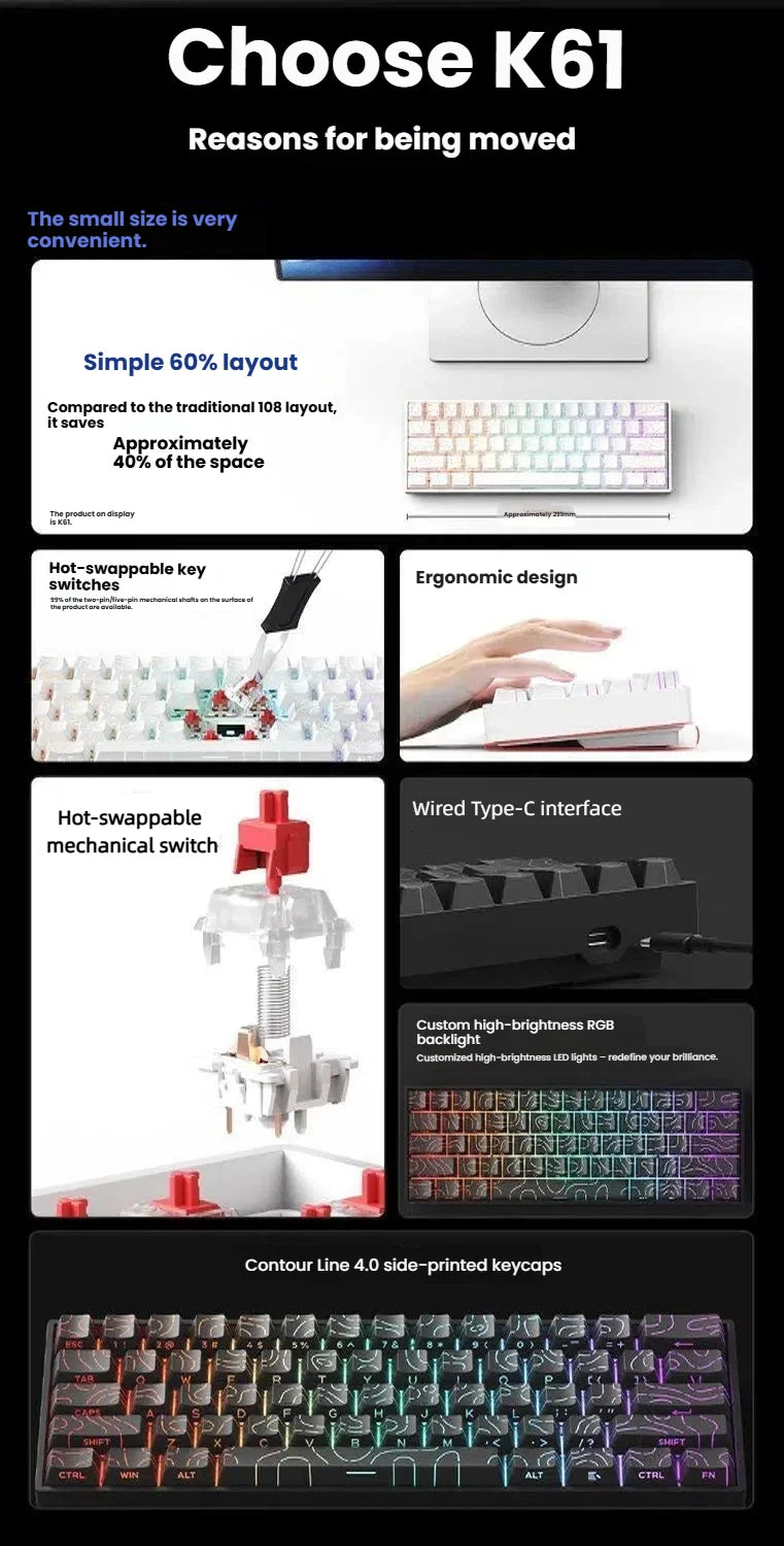 Tastiera meccanica portatile cablata K61, Phantom RGB colorata, risposta di livello gaming, design ergonomico, adatta al gaming e all’ufficio