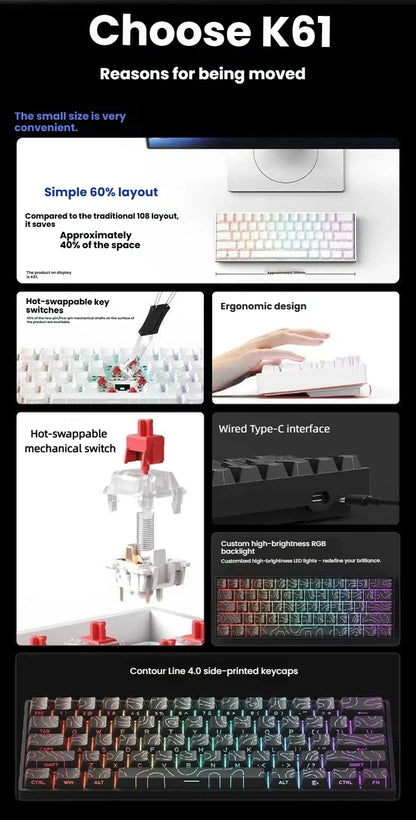 Tastiera meccanica portatile cablata K61, Phantom RGB colorata, risposta di livello gaming, design ergonomico, adatta al gaming e all’ufficio