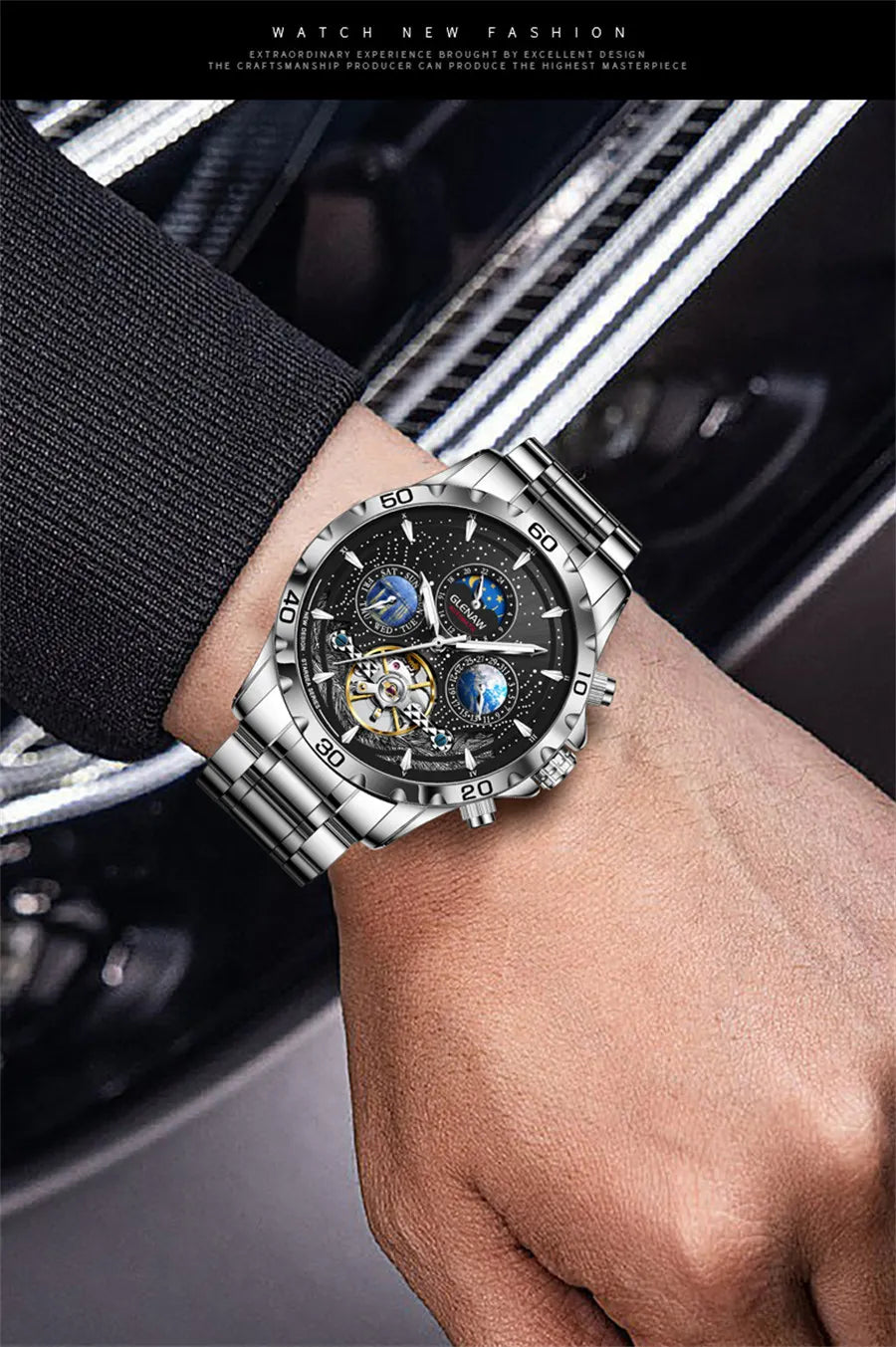 Relojes para hombre GLENAW Design, marca líder de lujo, moda y negocios, reloj automático impermeable para hombre, reloj mecánico para hombre