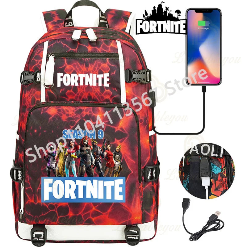 Ultima Knight F-Fortnited Battle Royale Rucksack mit USB-Ladeanschluss, Anime-Figuren und Studienfach für Schreibwaren für Schüler