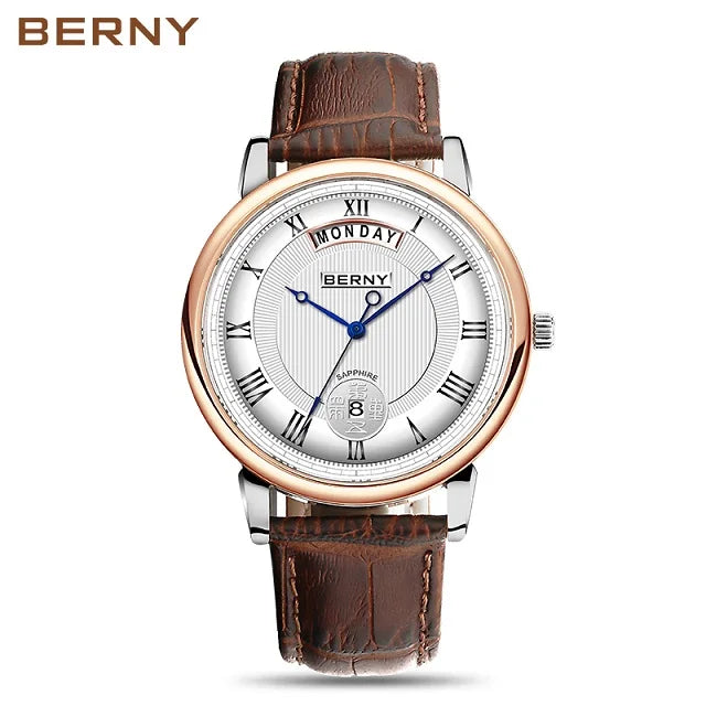 Montre à quartz pour homme BERNY, équipée d'un mouvement Miyota VJ55, modèle de luxe de haute qualité avec affichage du jour, boîtier en acier inoxydable, verre saphir et étanchéité.
