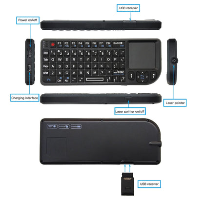 Teclado sem Fios A8 Mini 2.4G com Retroiluminação em 7 Cores, 3 em 1, Teclado Portátil com Touchpad e Air Mouse para Android TV Box, PC e Tablet