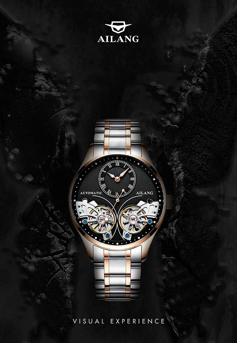 AILANG Brand New Fashion Double Tourbillon Watch for Men Luxury Stainless Steel Waterproof Automatic Mechanical Watches