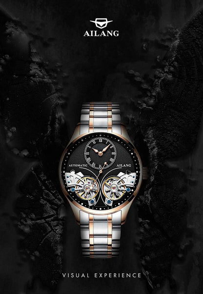 AILANG Brand New Fashion Double Tourbillon Watch for Men Luxury Stainless Steel Waterproof Automatic Mechanical Watches