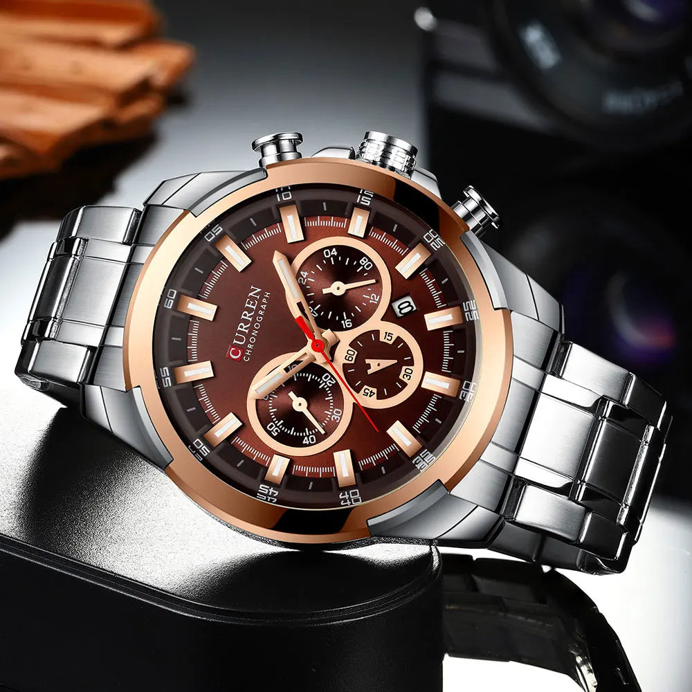 CURREN férfi kronográf óra, 48 mm-es nagy számlap, rozsdamentes acél karkötő, három kis számlap, kvarc sportkaróra, luxus stílus
