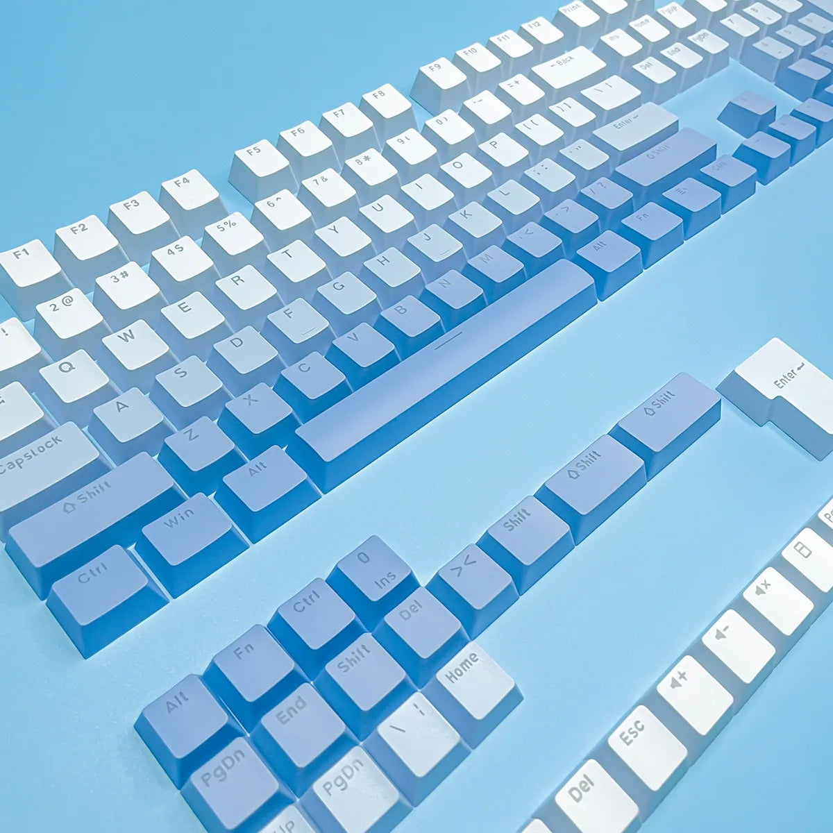 RGB-Gamer-Tastenkappen mit Farbverlauf-Hintergrundbeleuchtung für mechanische Tastaturen mit MX-Switches, OEM-Profil, PBT-Keycaps, Weiß/Blau, ISO-Layout, DIY-Tastenkappen