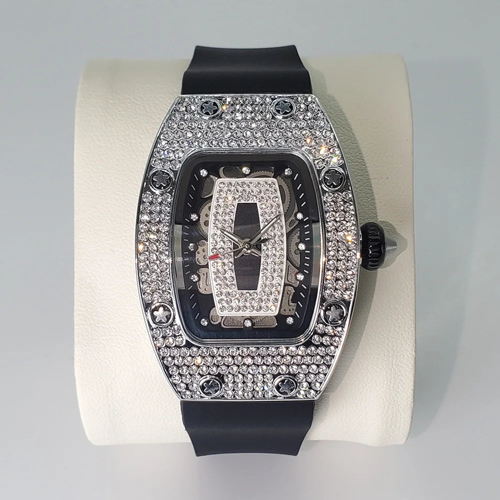 Luxury Diamond Watch For Women Elegant Tonneau Original Design Watches Fashion Ice Out Sport Rubber Strap Waterproof Mille Clock