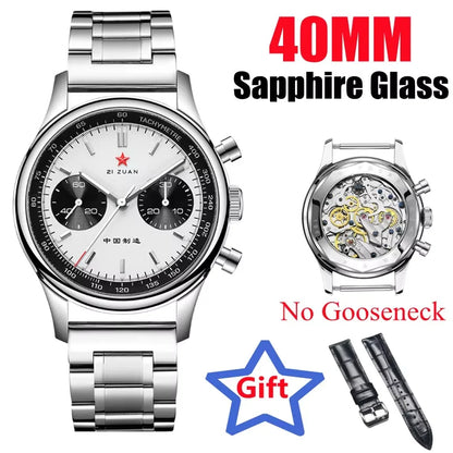 Red Star Panda Men's 1963 Chronograph Mechanical Wristwatch Seagull ST1901 Movement Gooseneck 40mm Luminous Sapphire Pilot Watch