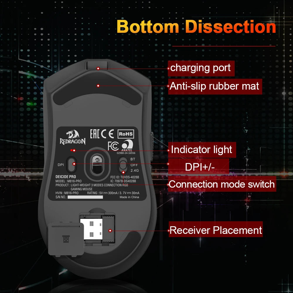 Ratón gaming REDRAGON DEICIDE M816 PRO RGB USB con soporte Bluetooth 2.4G inalámbrico, 26000 DPI, 6 botones para gamers, ratón con cable para ordenador