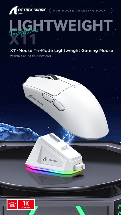 Attack Shark X11&R1 Tri-Mode-Bluetooth-Wireless-Maus mit Ladestation, RGB, ergonomische leichte Maus, PC-Gaming-Zubehör
