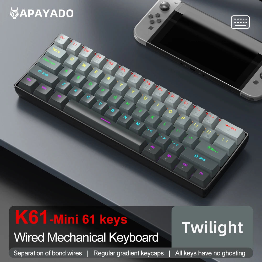 Teclado Mecânico Mini APAYADO K61, Com Fios, 61 Teclas, Phantom RGB, Switch Mecânico Vermelho/Azul Preto/Branco para Gaming, 60% Portátil