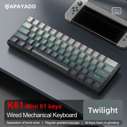 Teclado Mecânico Mini APAYADO K61, Com Fios, 61 Teclas, Phantom RGB, Switch Mecânico Vermelho/Azul Preto/Branco para Gaming, 60% Portátil