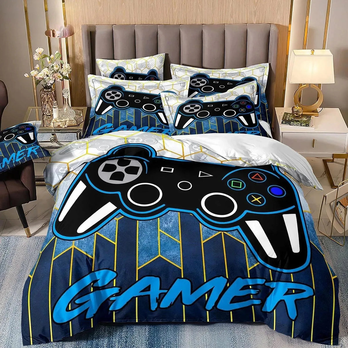 Gamer ágyneműkészletek fiú gyerekeknek: játékos paplanhuzat-készlet (Queen méret), videojátékos paplanhuzat, PlayStation-motívumú ágyneműkészlet tizenéves fiúknak