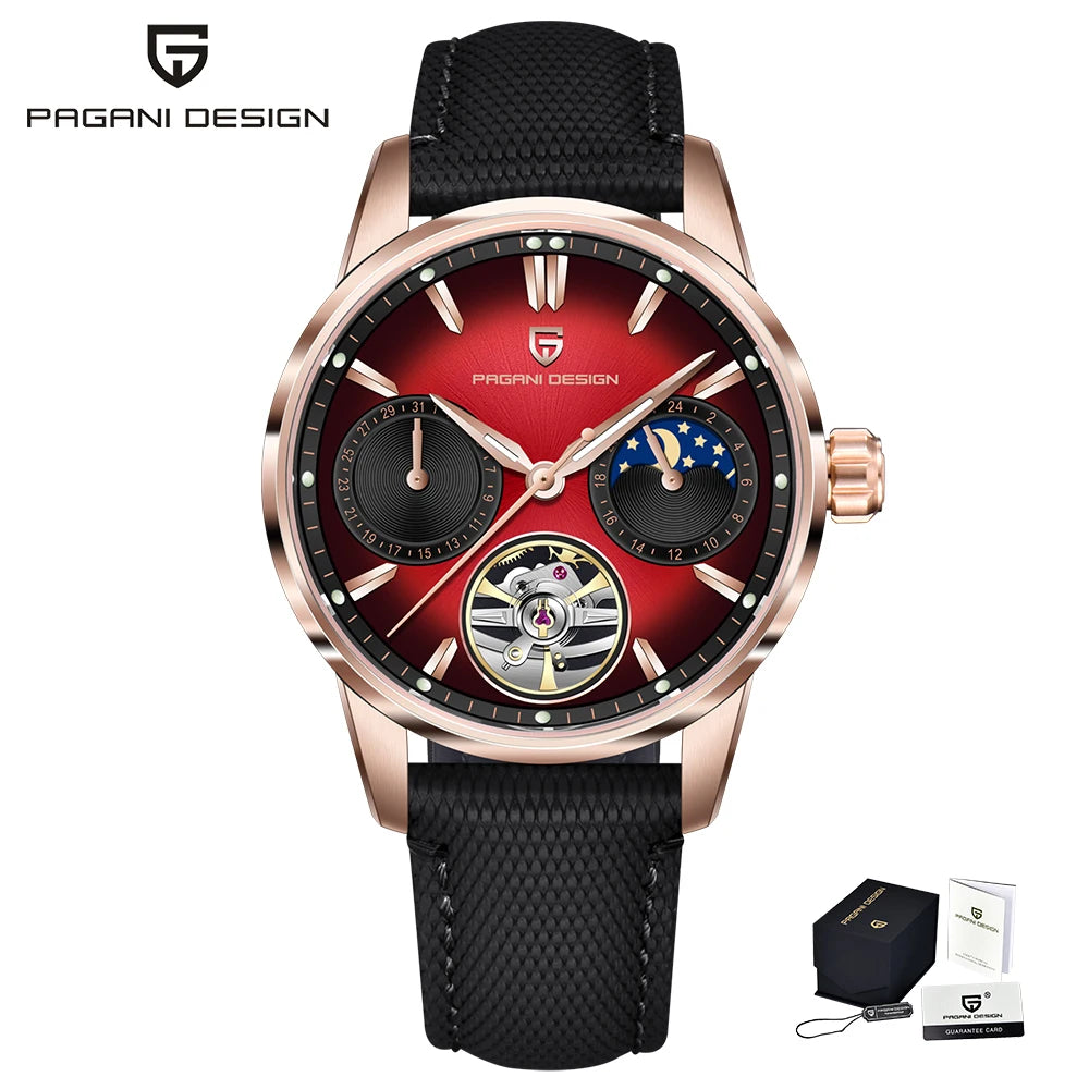 PAGANI DESIGN – Luxusné mechanické pánske hodinky, 41 mm, zafírové sklo, kožený remienok, vodotesné, v štýle pilotných hodín, s tourbillonom a fázou mesiaca