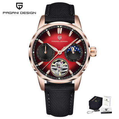 PAGANI DESIGN – Luxusné mechanické pánske hodinky, 41 mm, zafírové sklo, kožený remienok, vodotesné, v štýle pilotných hodín, s tourbillonom a fázou mesiaca