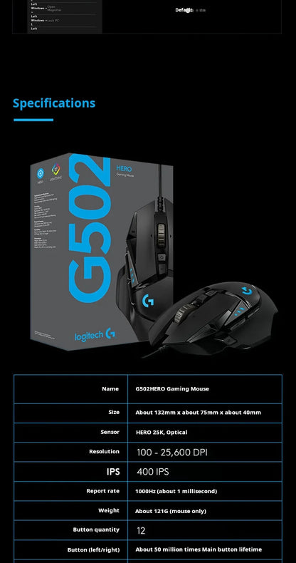 Mouse da gaming con cavo Logitech G502 HERO E-Sports, mouse meccanico RGB con bilanciamento regolabile, macro programmabili per Battle Royale