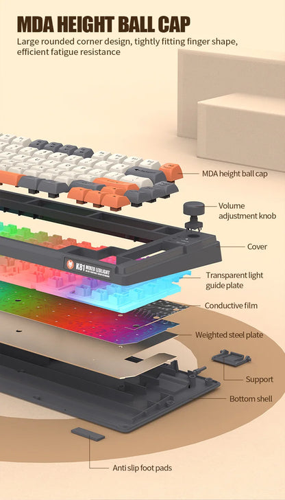 Teclado Gaming K81 com 81 Teclas, Layout 80%, Espanhol, Russo, Coreano e Árabe, USB com Fio, Luz RGB, Botão de Volume, Ergonómico