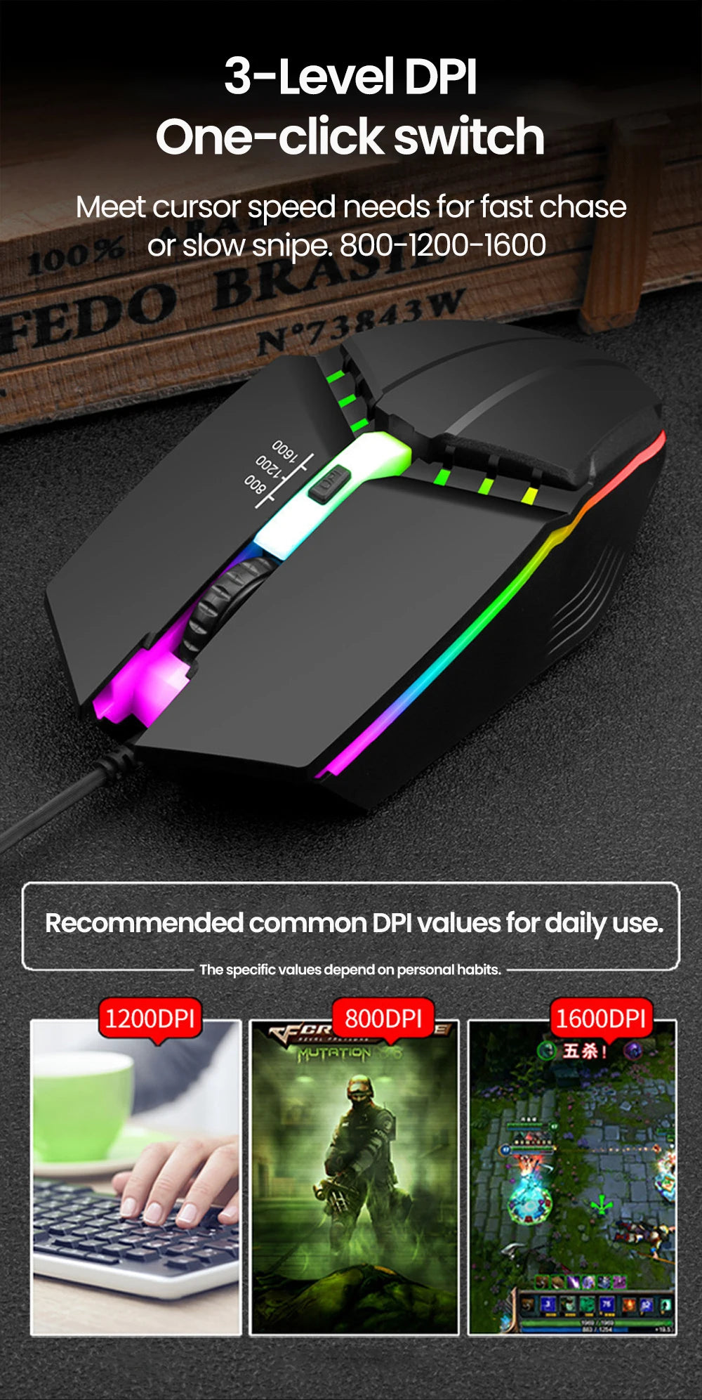 Ratón gaming USB con cable RGB retroiluminado, botón de silencio, LED luminoso y 1600DPI para PC de escritorio, portátil, ordenador, hogar y oficina