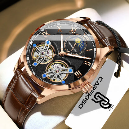 CAREKISO Fashion Men's Clock Double Hollow Tourbillon Automatic Mechanical Man Watch Waterproof Luminous Leather Men's Watches+Box