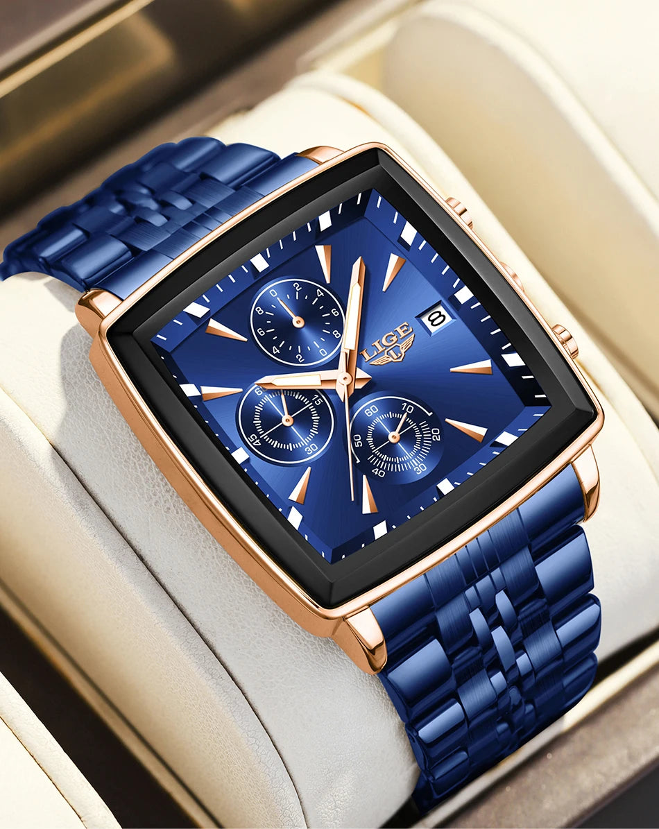 Relógios de luxo para homem LIGE, modelo quadrado, estilo clássico e moderno, em aço inoxidável, à prova de água, desportivos e casuais, com movimento de quartzo.