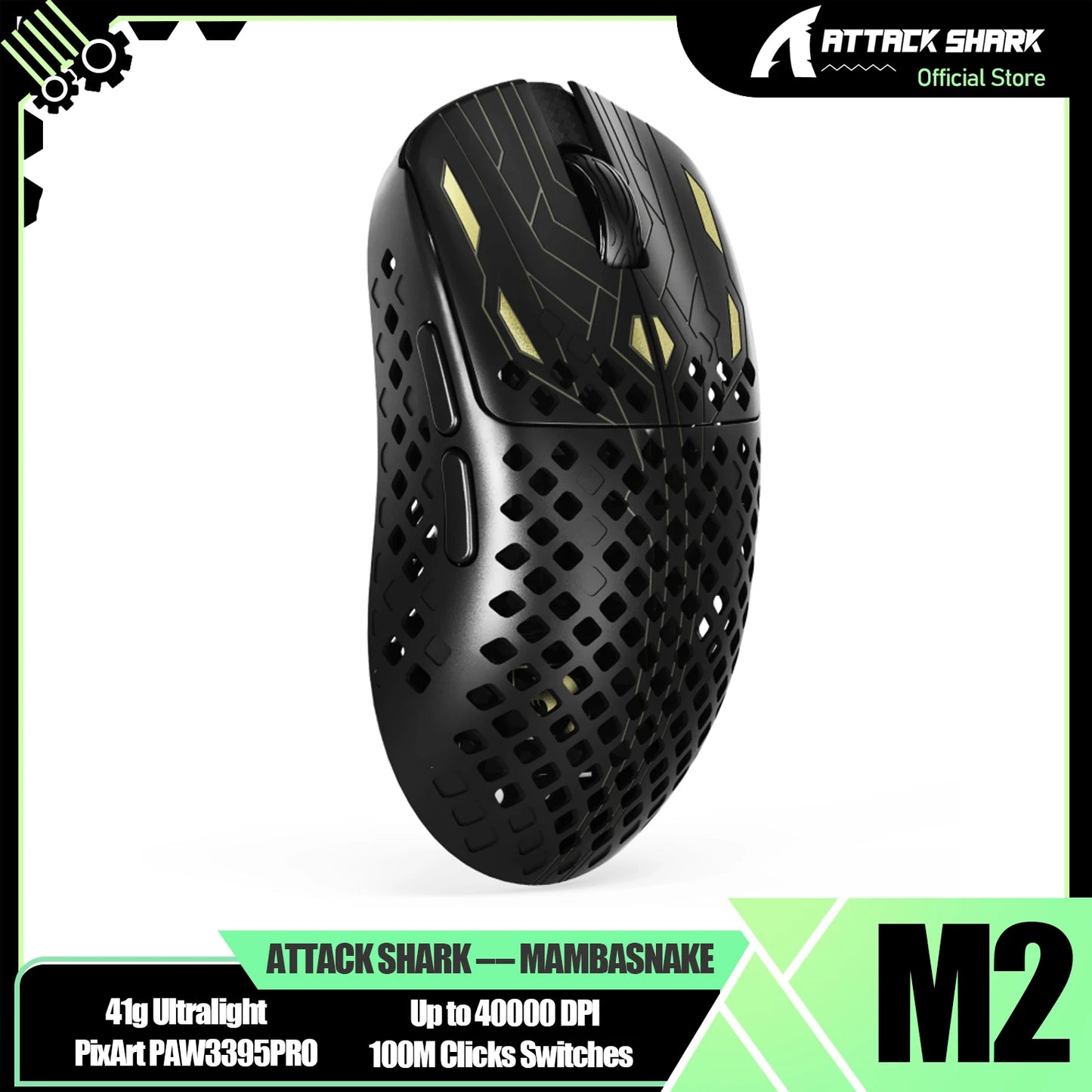 Rato Gaming Sem Fios Ultra-Leve MAMBASNAKE M2, Sensor PAW3395PRO 40000 DPI, Fibra de Carbono 41g, Tri-Mode