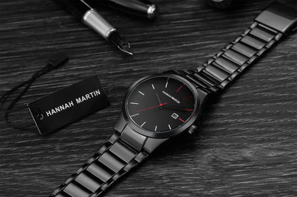 Reloj para hombre Hannah Martin, caja de acero inoxidable, mecanismo de cuarzo, esfera de 41 mm, estilo profesional, con indicador de calendario (imitación)
