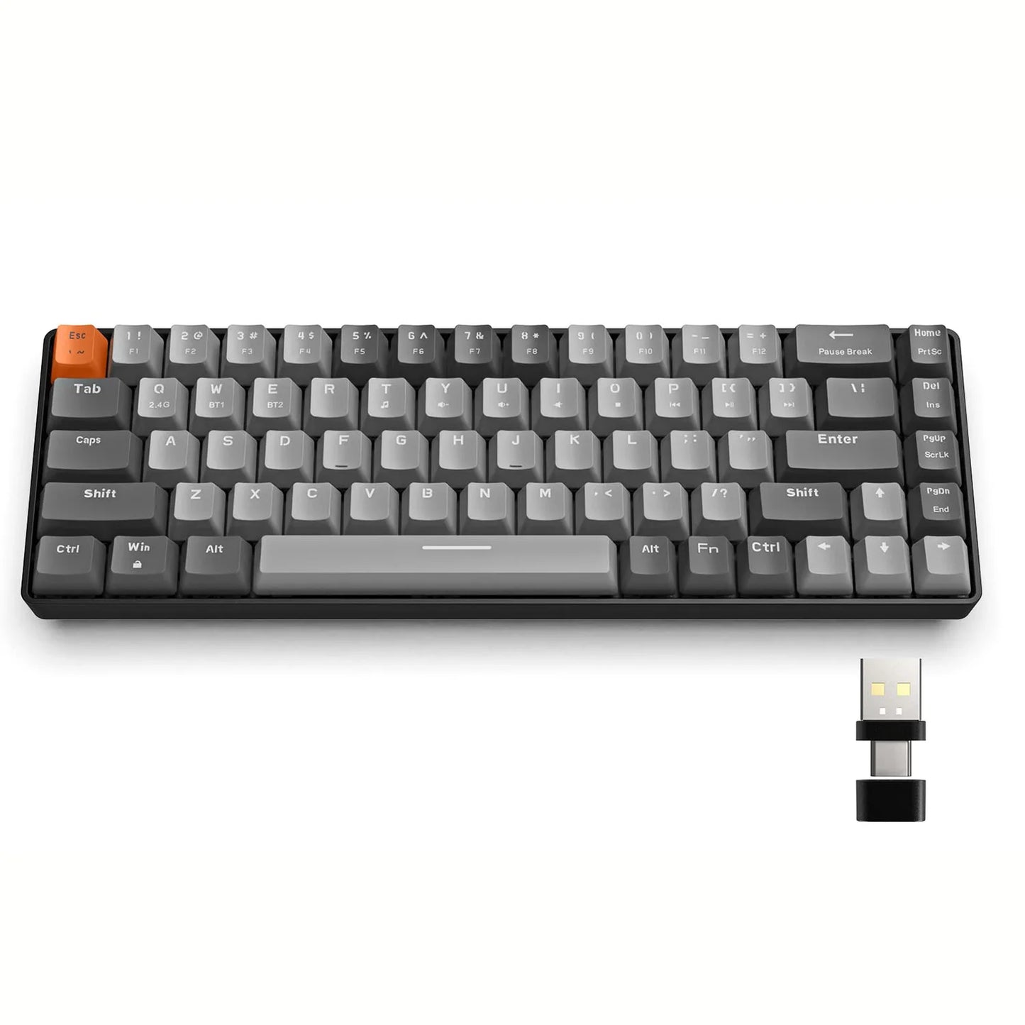 Teclado Mecânico Sem Fios RK68 60%, Bluetooth 5.0/2.4GHz com Recetor 2 em 1 de Modo Duplo, Teclado Gaming Hot-Swappable de 68 Teclas
