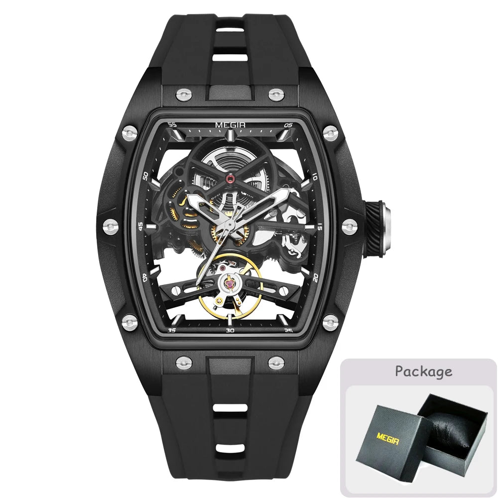 MEGIR men’s mechanical watch, tonneau shape, open-worked skeletonised dial, sporty style, silicone strap, luxury automatic watch