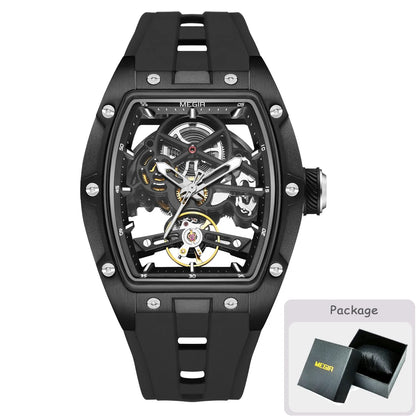 MEGIR men’s mechanical watch, tonneau shape, open-worked skeletonised dial, sporty style, silicone strap, luxury automatic watch